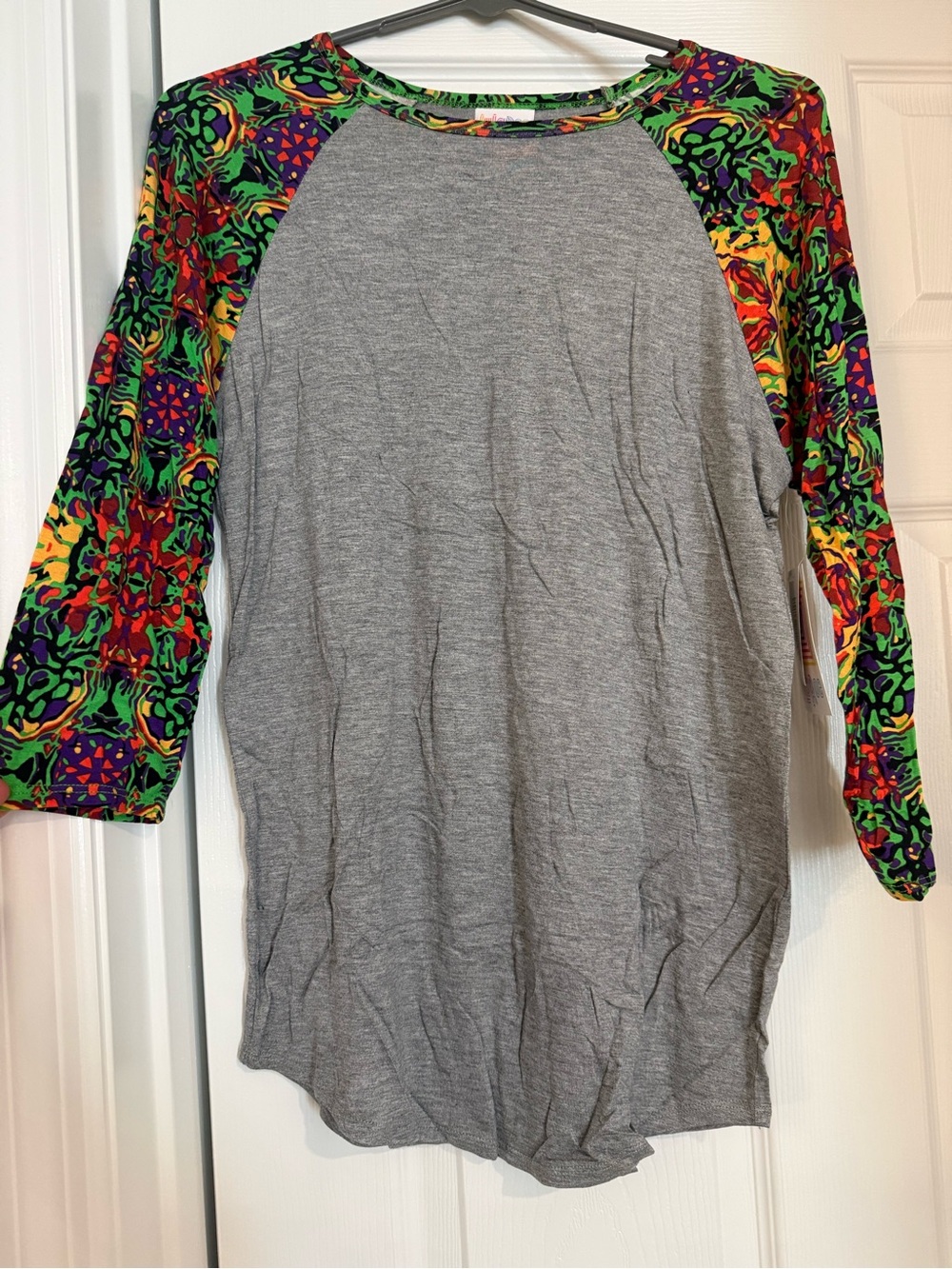LuLaRoe Randy Heather Gray Raglan Top with Multicolor Floral-Print Sleeves